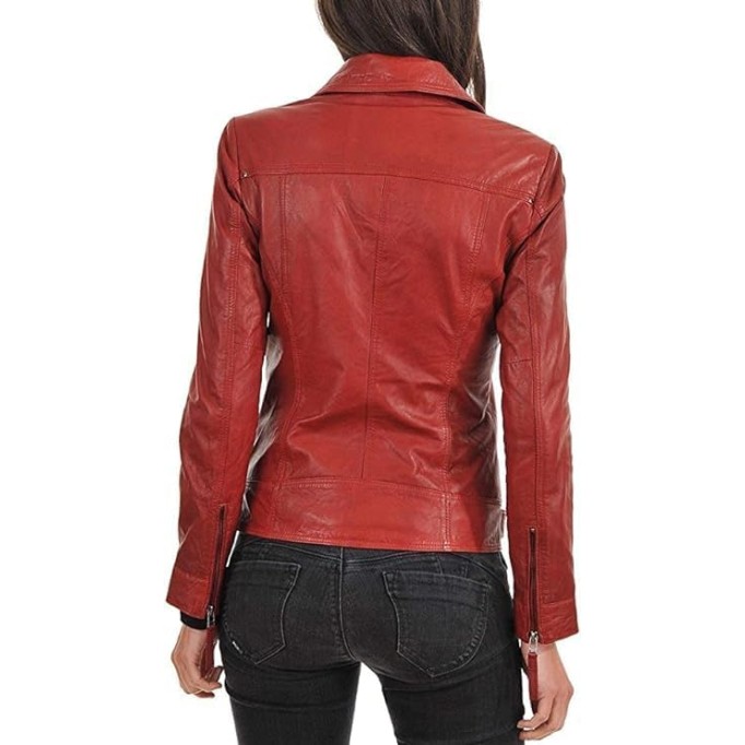 Women Leather Jacket - Lambskin Winter Vintage Motorcycle Biker Jacket, Moto Riding and Racing Jacket, Red - 3X-Large