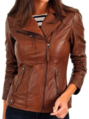 Women Leather Jacket - Lambskin Winter Vintage Motorcycle Biker Jacket, Moto Riding and Racing Jacket, Brown - X-Large