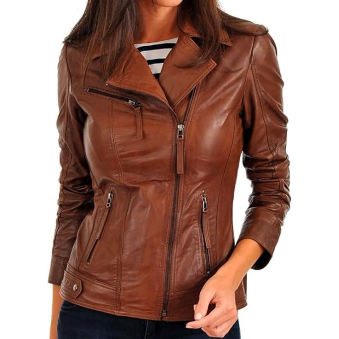 Women Leather Jacket - Lambskin Winter Vintage Motorcycle Biker Jacket, Moto Riding and Racing Jacket, Brown - X-Large