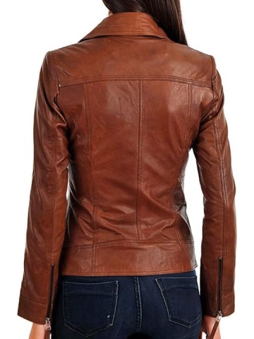 Women Leather Jacket - Lambskin Winter Vintage Motorcycle Biker Jacket, Moto Riding and Racing Jacket, Brown - X-Large