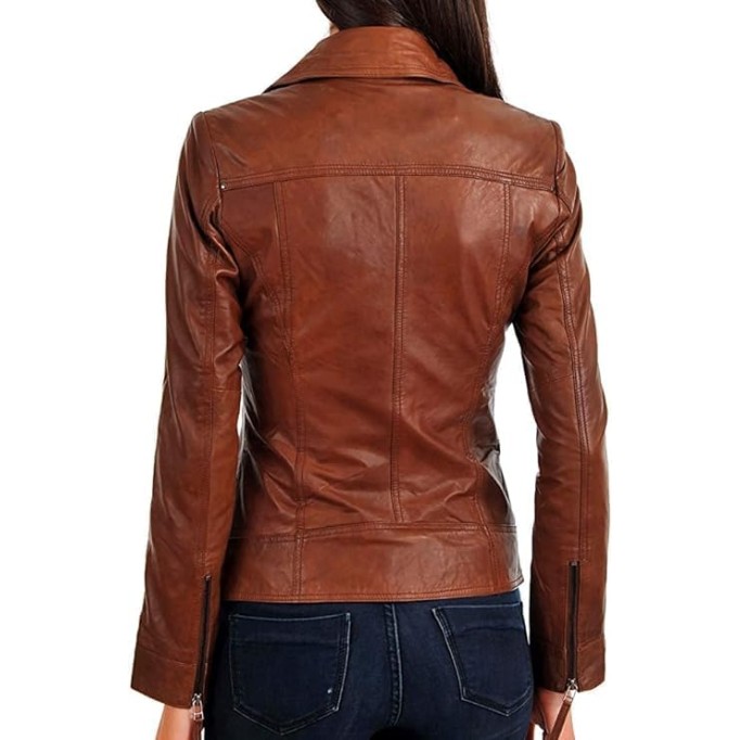 Women Leather Jacket - Lambskin Winter Vintage Motorcycle Biker Jacket, Moto Riding and Racing Jacket, Brown - X-Large