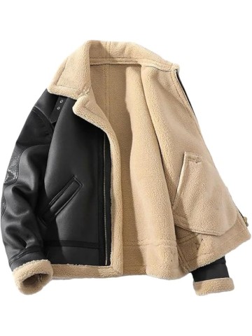 Men Oversized Winter Faux Leather Coat Warm Thick Fur Lapel Fashion Patchwork Jacket