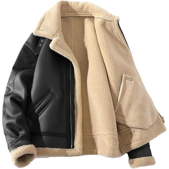 Men Oversized Winter Faux Leather Coat Warm Thick Fur Lapel Fashion Patchwork Jacket