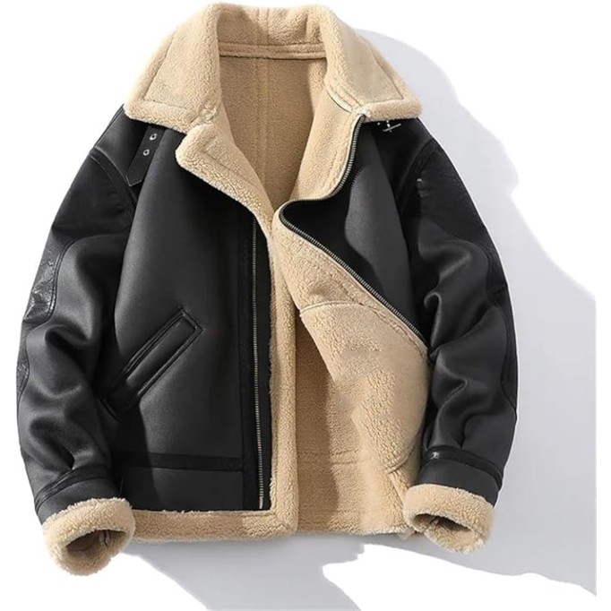 Men Oversized Winter Faux Leather Coat Warm Thick Fur Lapel Fashion Patchwork Jacket