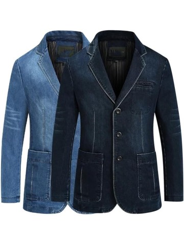 Mens Denim Blazer Male Suit Oversized Cotton Vintage Single Breasted Blue Coat Denim Jacket