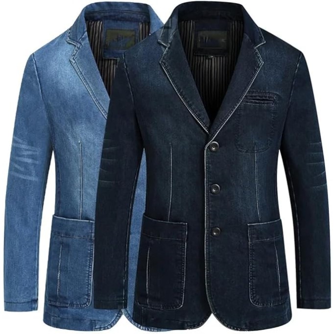 Mens Denim Blazer Male Suit Oversized Cotton Vintage Single Breasted Blue Coat Denim Jacket