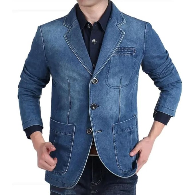 Mens Denim Blazer Male Suit Oversized Cotton Vintage Single Breasted Blue Coat Denim Jacket