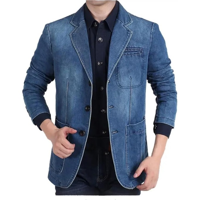 Mens Denim Blazer Male Suit Oversized Cotton Vintage Single Breasted Blue Coat Denim Jacket