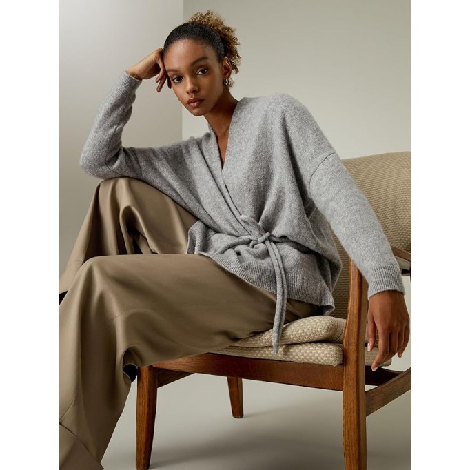 Cashmere Silk Blended Lounge Wrap Cardigan for Women Relaxed Fit Wrap Front Coat for Autumn Winter Loungewear