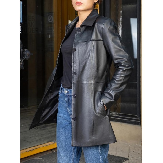 Casual Car Coat Lambskin Leather Jacket Women – ¾ Length Blazer Overcoat Style Leather Long Coat Women