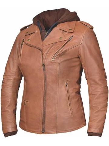 Derringer Women's 3-IN-1 Lambskin Hooded Leather Motorcycle Jacket - Brown
