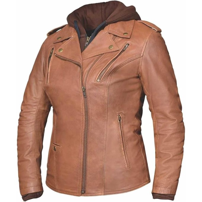 Derringer Women's 3-IN-1 Lambskin Hooded Leather Motorcycle Jacket - Brown