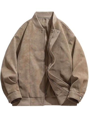 Men's Casual Suede Bomber Jacket Lightweight Full Zip Up Jackets Vintage Faux Leather Jacket