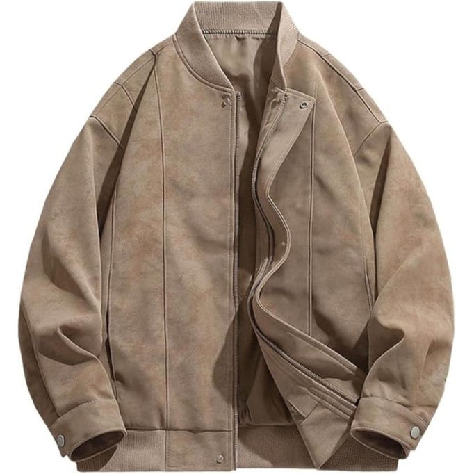 Men's Casual Suede Bomber Jacket Lightweight Full Zip Up Jackets Vintage Faux Leather Jacket