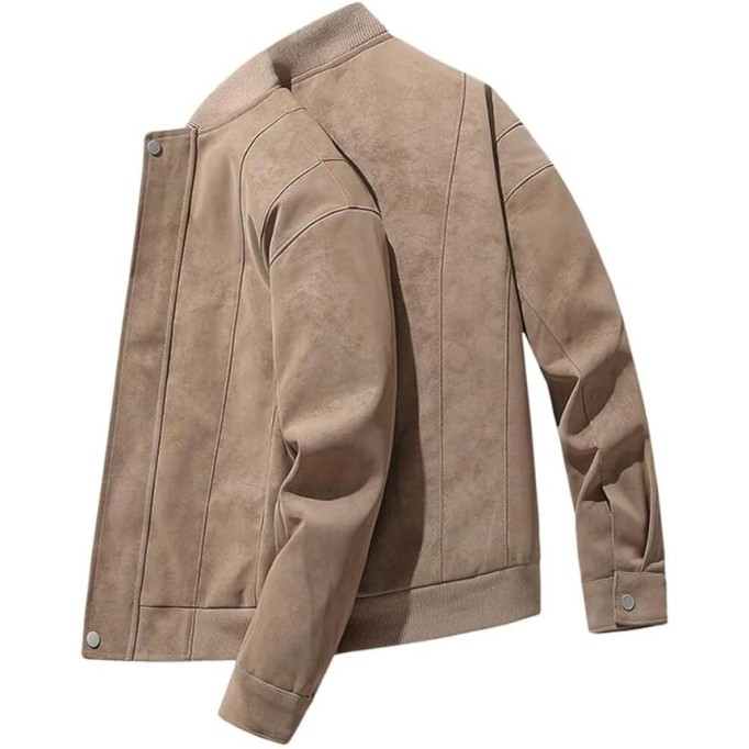 Men's Casual Suede Bomber Jacket Lightweight Full Zip Up Jackets Vintage Faux Leather Jacket