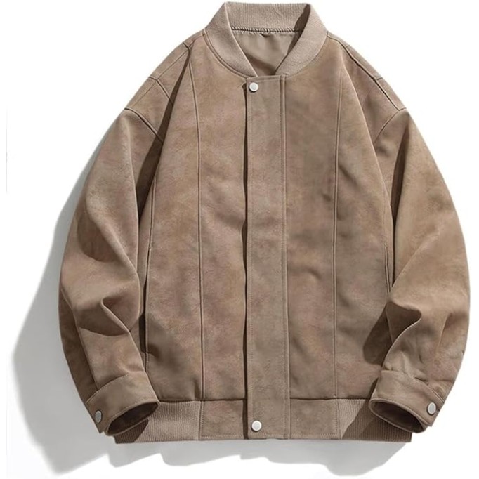 Men's Casual Suede Bomber Jacket Lightweight Full Zip Up Jackets Vintage Faux Leather Jacket