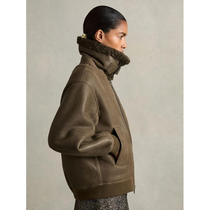 Women's Brown Real Lambskin Leather Jacket with Faux Fur Collar, Zip Front