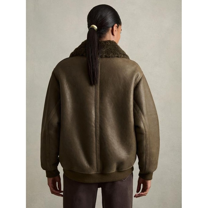 Women's Brown Real Lambskin Leather Jacket with Faux Fur Collar, Zip Front