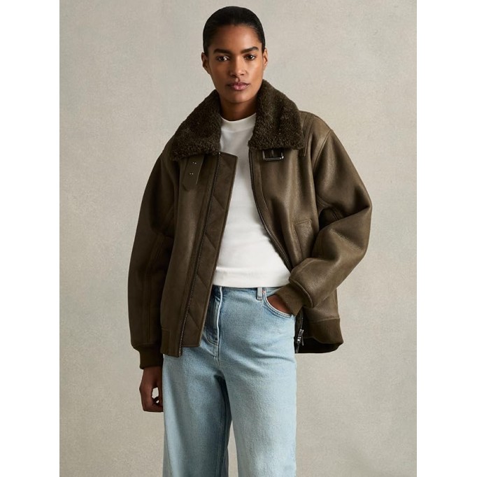 Women's Brown Real Lambskin Leather Jacket with Faux Fur Collar, Zip Front