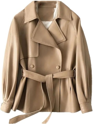 Women Genuine Leather Blazer Jacket Double Breasted Lace-Up Belt Khaki Chic Lambskin Leather Coats