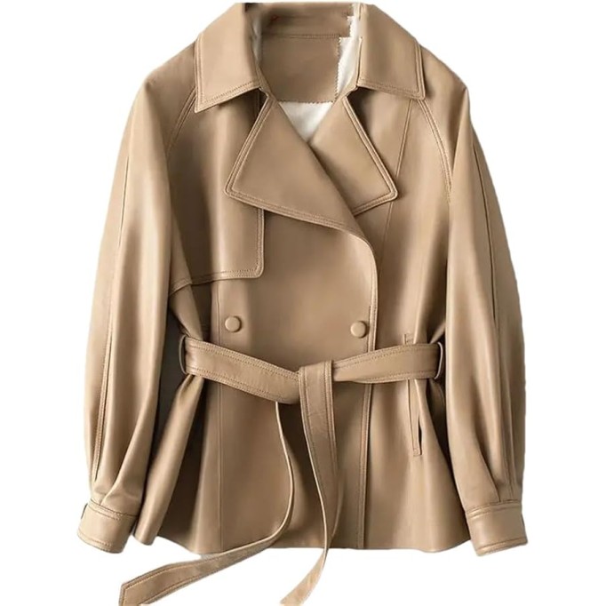 Women Genuine Leather Blazer Jacket Double Breasted Lace-Up Belt Khaki Chic Lambskin Leather Coats