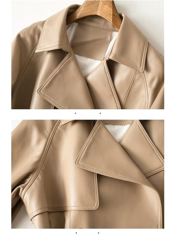Women Genuine Leather Blazer Jacket Double Breasted Lace-Up Belt Khaki Chic Lambskin Leather Coats