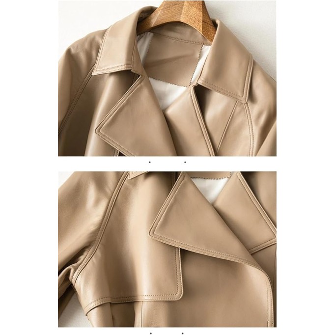 Women Genuine Leather Blazer Jacket Double Breasted Lace-Up Belt Khaki Chic Lambskin Leather Coats