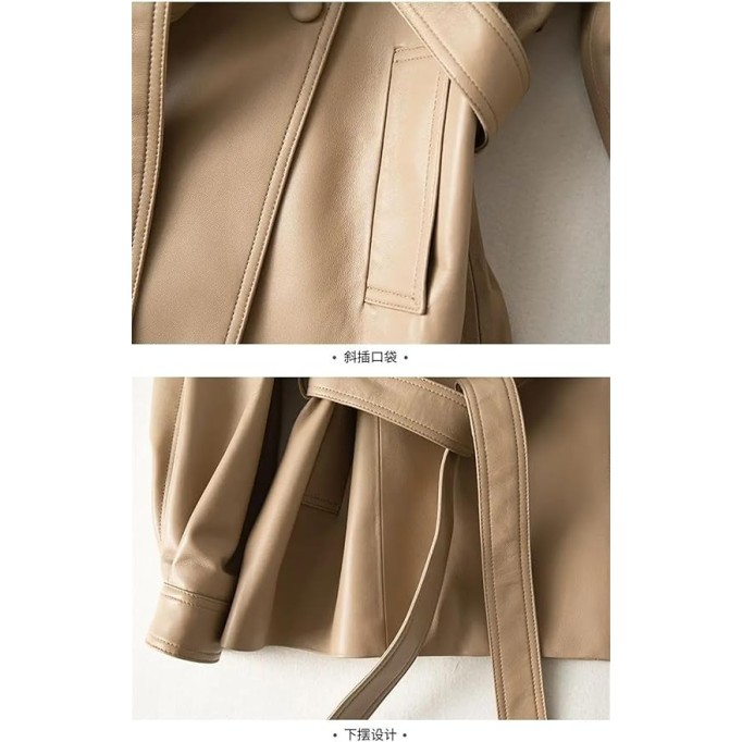 Women Genuine Leather Blazer Jacket Double Breasted Lace-Up Belt Khaki Chic Lambskin Leather Coats