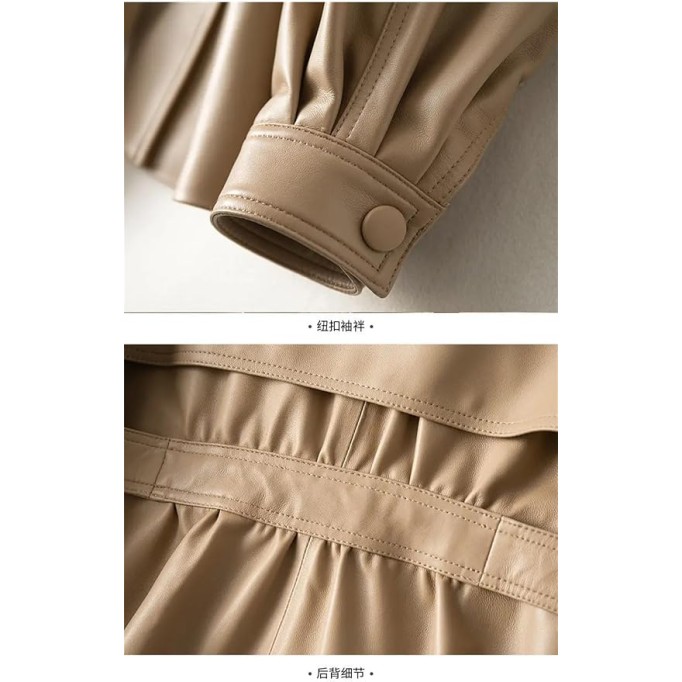 Women Genuine Leather Blazer Jacket Double Breasted Lace-Up Belt Khaki Chic Lambskin Leather Coats