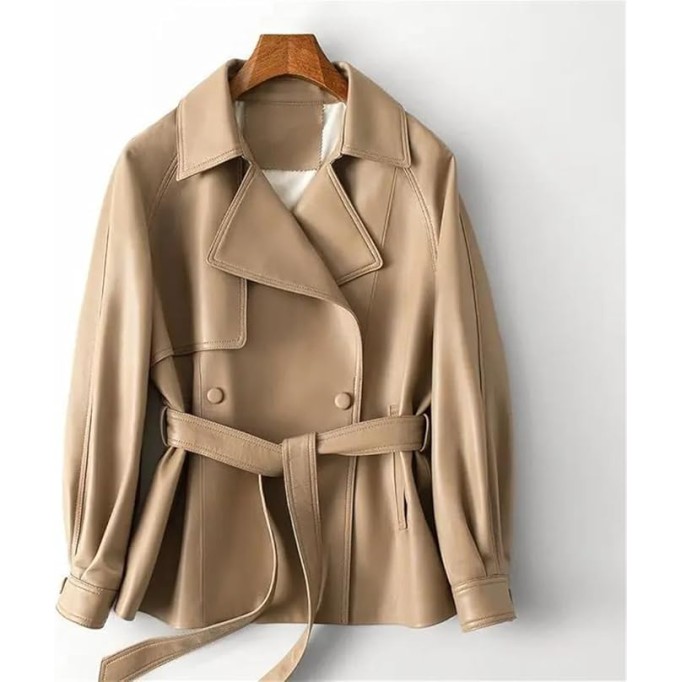 Women Genuine Leather Blazer Jacket Double Breasted Lace-Up Belt Khaki Chic Lambskin Leather Coats