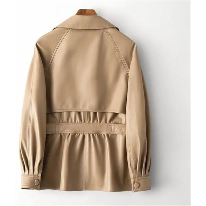 Women Genuine Leather Blazer Jacket Double Breasted Lace-Up Belt Khaki Chic Lambskin Leather Coats