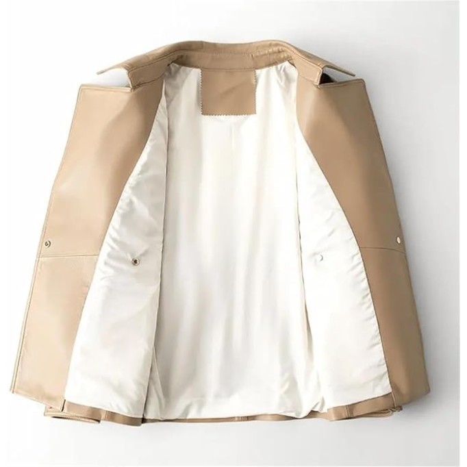 Women Genuine Leather Blazer Jacket Double Breasted Lace-Up Belt Khaki Chic Lambskin Leather Coats