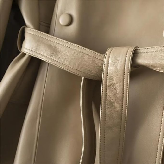 Women Genuine Leather Blazer Jacket Double Breasted Lace-Up Belt Khaki Chic Lambskin Leather Coats