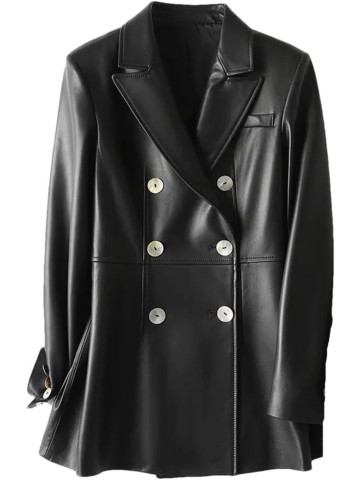Women Sheepskin Blazer Coats Lapel Collar Double Breasted Lambskin Jackets Clothes