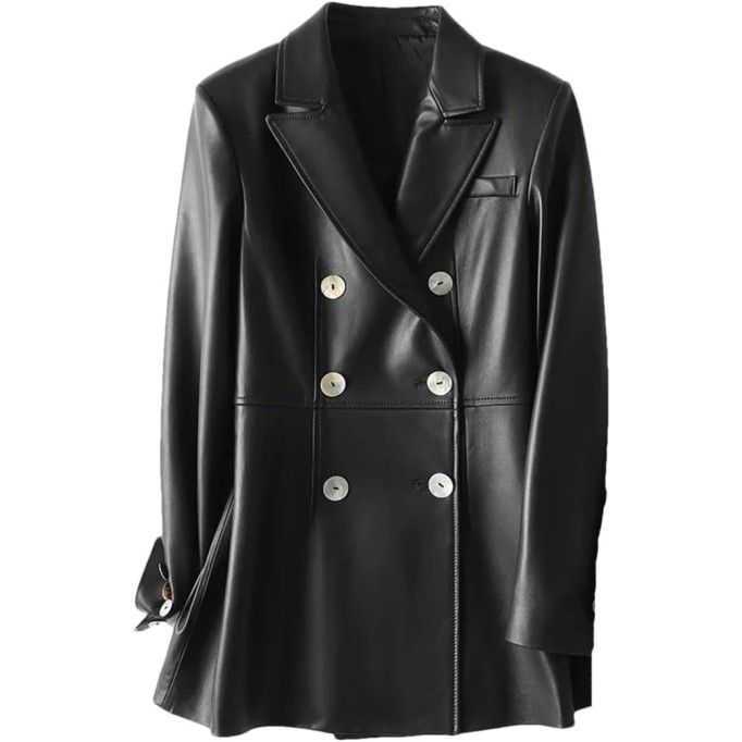 Women Sheepskin Blazer Coats Lapel Collar Double Breasted Lambskin Jackets Clothes