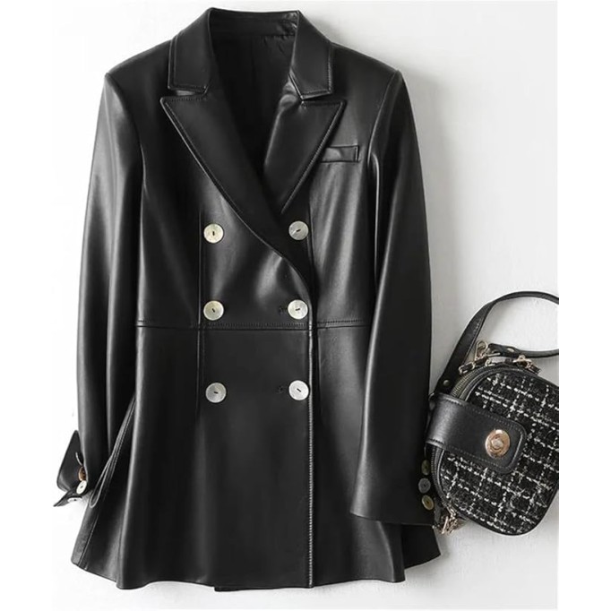 Women Sheepskin Blazer Coats Lapel Collar Double Breasted Lambskin Jackets Clothes