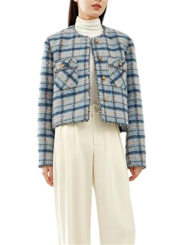 Women Thick Wool Blend Coat Contrast Plaid Tweed Jacket Crew Neck Single Breasted Outwear