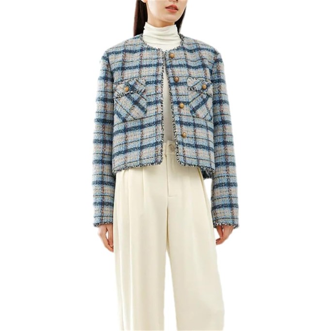 Women Thick Wool Blend Coat Contrast Plaid Tweed Jacket Crew Neck Single Breasted Outwear