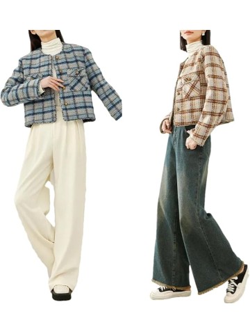 Women Thick Wool Blend Coat Contrast Plaid Tweed Jacket Crew Neck Single Breasted Outwear