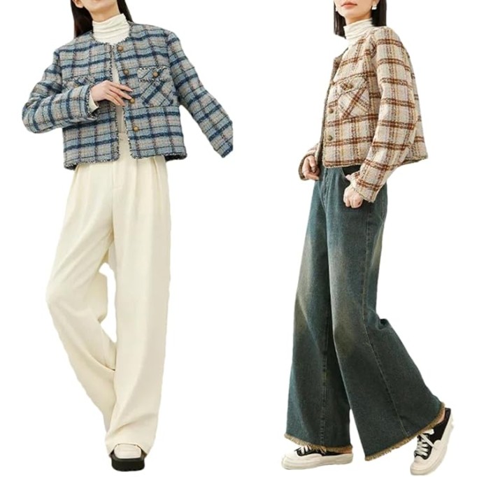 Women Thick Wool Blend Coat Contrast Plaid Tweed Jacket Crew Neck Single Breasted Outwear