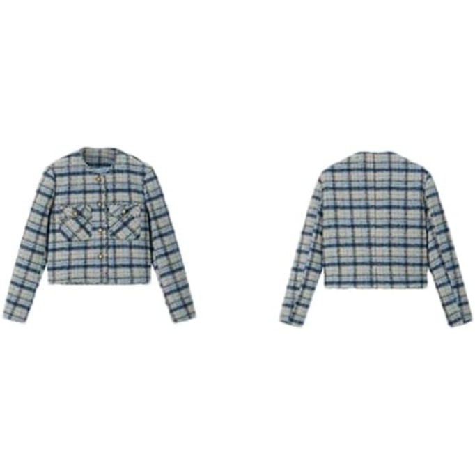 Women Thick Wool Blend Coat Contrast Plaid Tweed Jacket Crew Neck Single Breasted Outwear