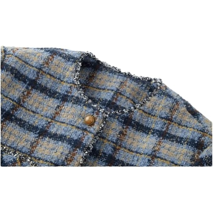 Women Thick Wool Blend Coat Contrast Plaid Tweed Jacket Crew Neck Single Breasted Outwear