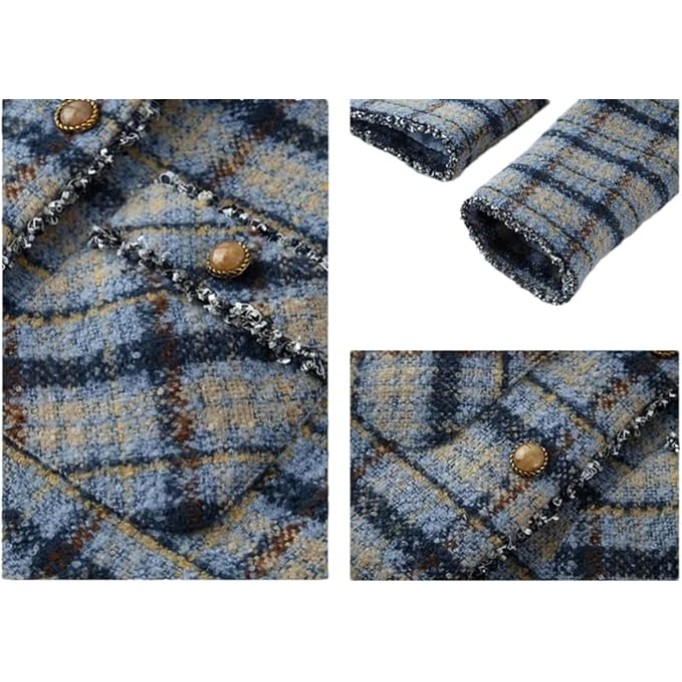 Women Thick Wool Blend Coat Contrast Plaid Tweed Jacket Crew Neck Single Breasted Outwear