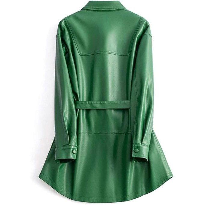 Women's Real Split Sheepskin Coat Mid-Length Single-Breasted Belted Casual Leather Jacket