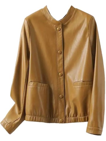 Women's Casual Split Sheepskin Short Jacket O-Neck Covered Button Loose Fit Long Sleeve Leather Coat