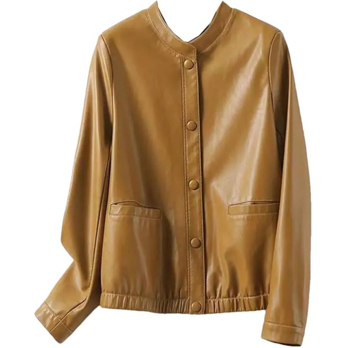 Women's Casual Split Sheepskin Short Jacket O-Neck Covered Button Loose Fit Long Sleeve Leather Coat