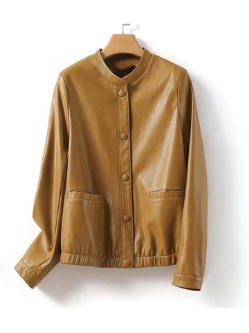 Women's Casual Split Sheepskin Short Jacket O-Neck Covered Button Loose Fit Long Sleeve Leather Coat