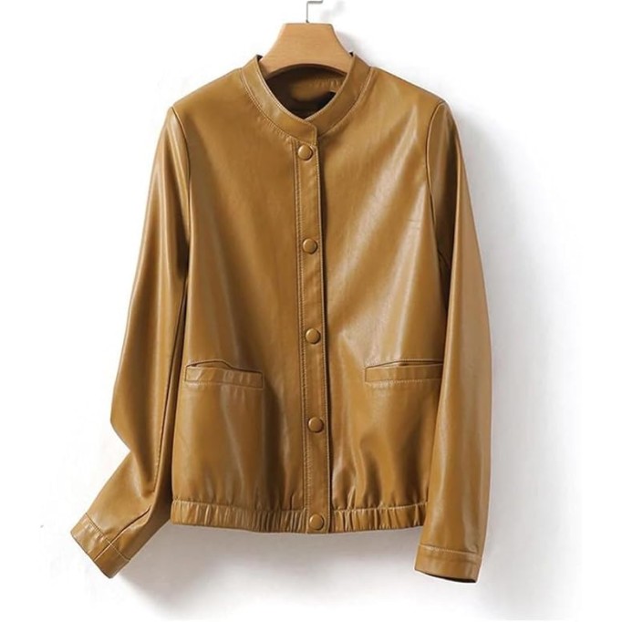 Women's Casual Split Sheepskin Short Jacket O-Neck Covered Button Loose Fit Long Sleeve Leather Coat