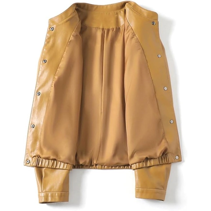 Women's Casual Split Sheepskin Short Jacket O-Neck Covered Button Loose Fit Long Sleeve Leather Coat