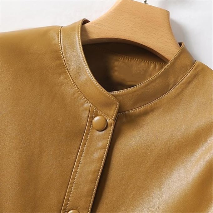 Women's Casual Split Sheepskin Short Jacket O-Neck Covered Button Loose Fit Long Sleeve Leather Coat